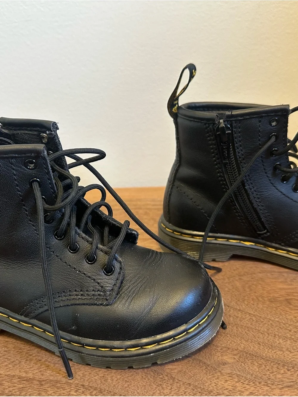 Dr. Martens Kids Black Leather Lace-Up Boots with Yellow Stitching